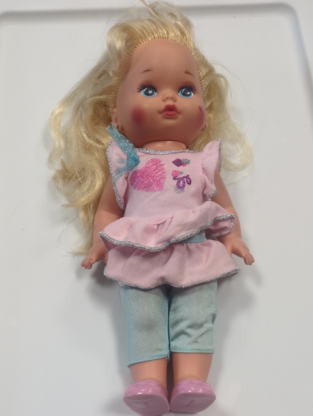 Mattel 1988 Little Miss Makeup Blonde Baby Doll in Pink Dress with Blue Leggings